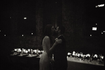 film BW scan of couple kissing at Museum Lab