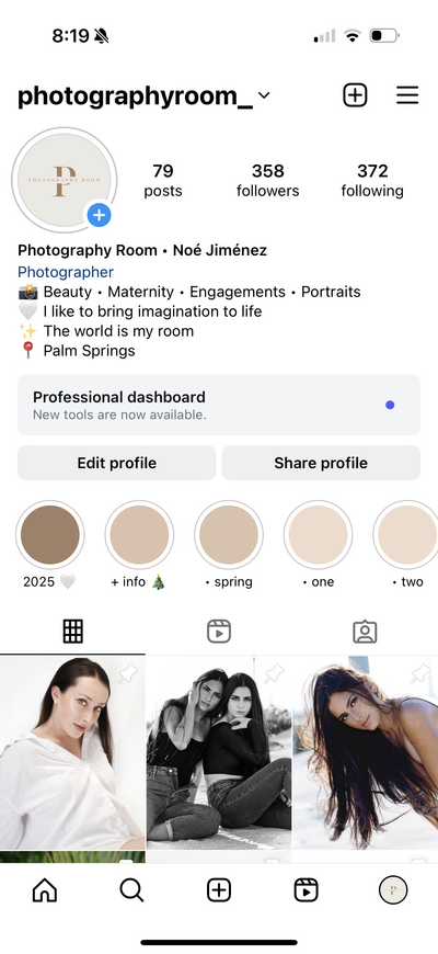 a screenshot of photographers instagram account with beige branding 