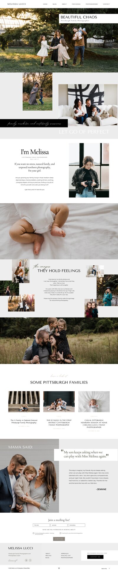 A photography website showcasing various family and child portraits, with sections about the photographer Melissa, testimonials, contact information, and customizable website design packages.