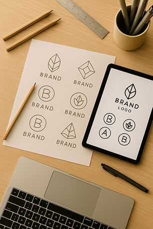 Workspace with logo design concepts for branding, including sketches and digital mockups.