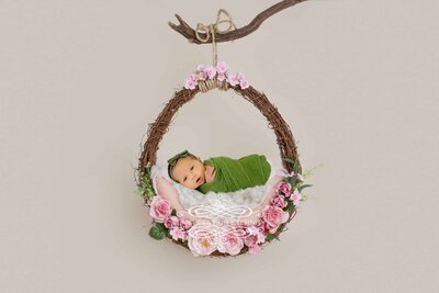 Timeless for Eternity - Newborn - Pink Floral Vine Hammock with Plain Backdrop - Ivory wm
