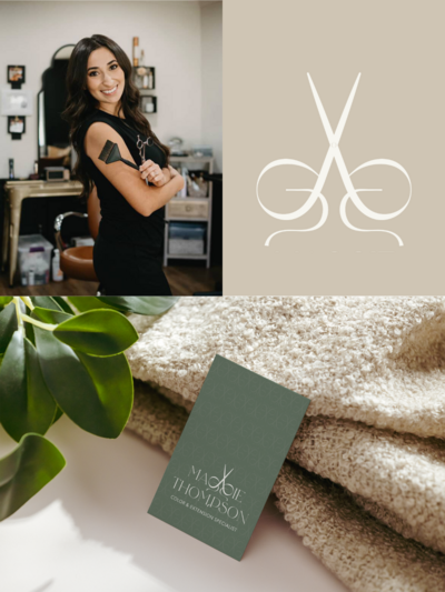 Custom hair stylist brand identity with scissors icon, salon photography, and business card mockup design.