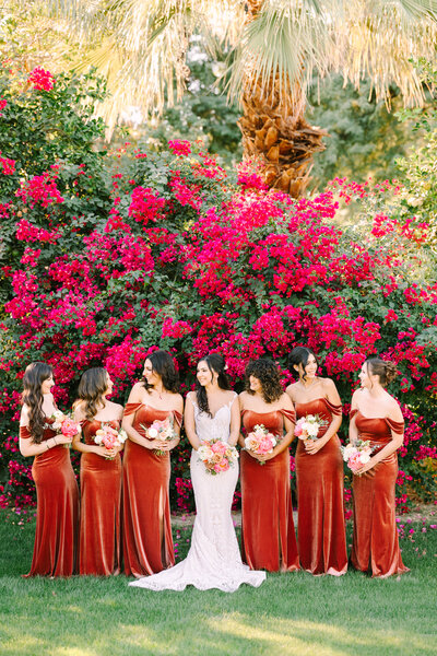 bridesmaids in velvet dresses