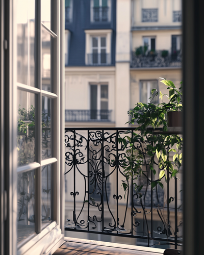 An inviting view from an open French door onto an ornate wrought iron balcony with green plants, overlooking charming Parisian buildings—symbolizing new beginnings and untold journeys.