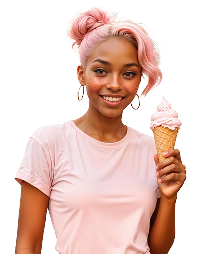 Jeune femme métisse, tee-shirt et cheveux roses formant un bun sur sa tête, glace à l'italienne à la main, pour illustrer la valeur de plaisir et d'entretenir son âme d'enfance du studio.