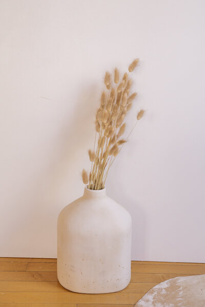 Dried bunny's tail in a stone vase.