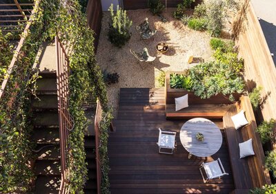 Overhead view of deck renovation in well curated yeard