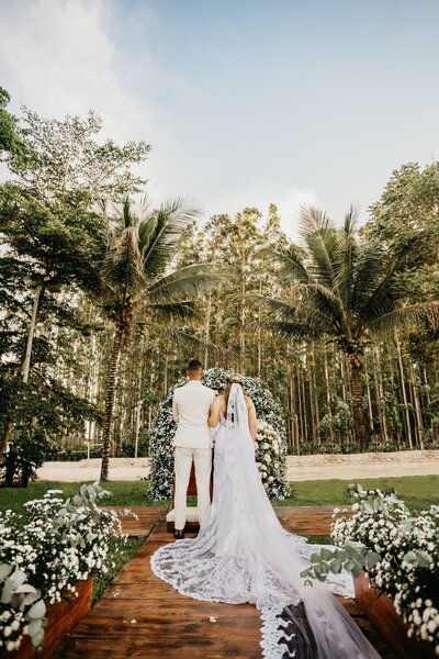 bride and groom at Hawaii destination wedding ceremony