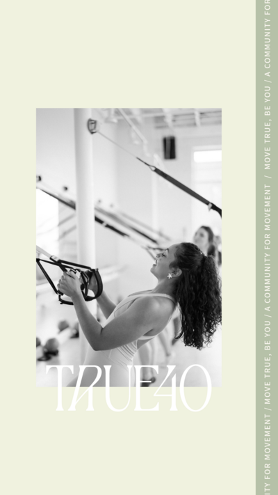 Black and white image of women working out on top of a pale green background with the white True40 logo