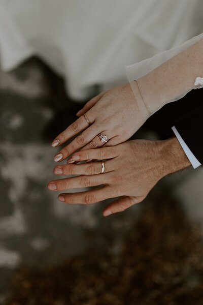 Bride and groom hands showing wedding rings