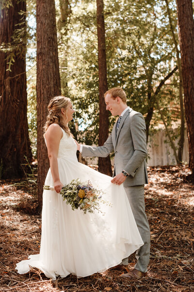 couple first look in redwoods wedding