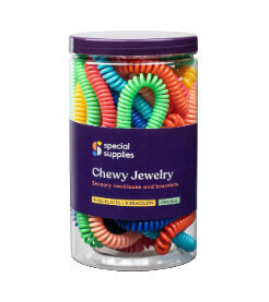 jar of multicolored chew bracelets