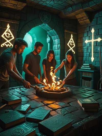 General decription____Cinematic scene inside an escape room themed environment. Include realistic lighting, shallow depth of field, high contrast, dramatic shadows, and immersive set design. Show a group of 2- (32)