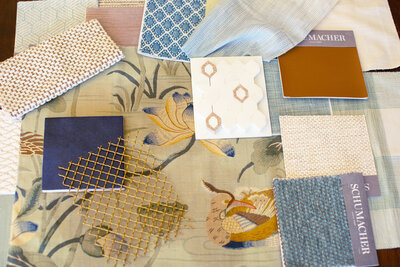 Sarah Becker Design bird embroidered fabric and tile selections.