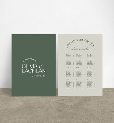 Como a1 welcome and seating chart in greenery colours