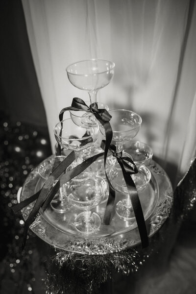 Elegant champagne tower at a New York City wedding reception, captured by NYC wedding photographer Dom Augustine.