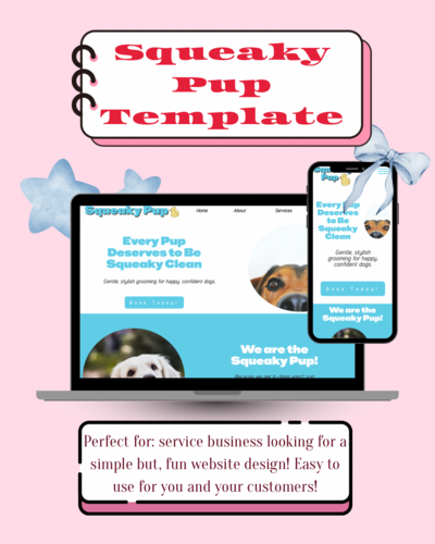 Squeaky Pup Showit website template mockup for dog grooming businesses — playful blue and white design shown on laptop and phone with red headline text on pink background. Created by Kendra Co.