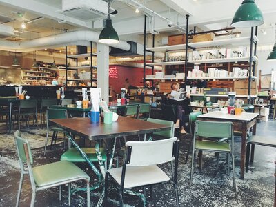 Inside a restaurant with tables and people sitting