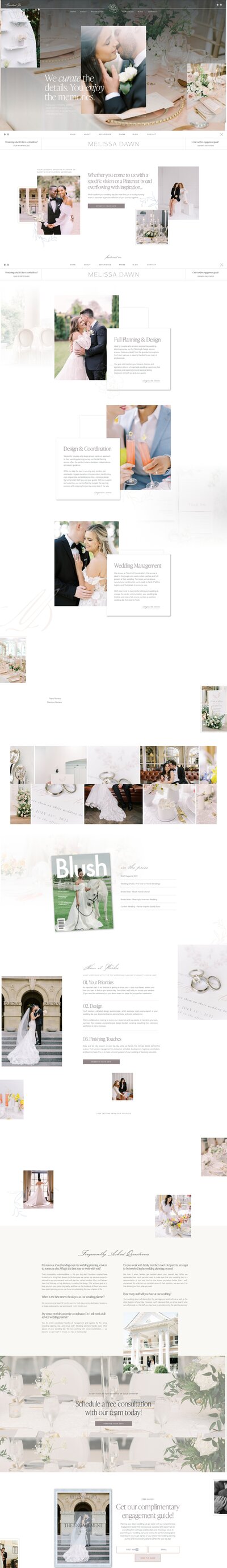 A collage of wedding planning scenes, including bride and groom preparations, invitations, dress selection, wedding cake, ring exchange, and various wedding decorations—all seamlessly displayed on a Showit website by a professional Showit design partner.