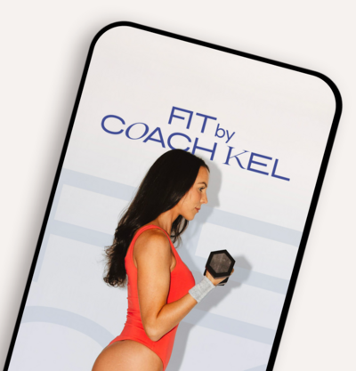 iPhone app screen mockup of Coach Kel lifting weights 
