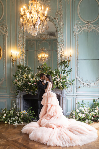 Bride and groom at château wedding in France.