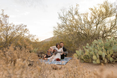 Eloping couple plays guitar in desert