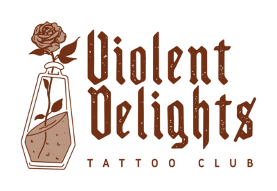 A rust colored logo for Violent Delights Tattoo Club and a coffin shaped poison bottle and rose.