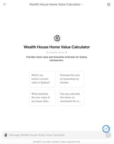 Mockup of the custom GPT chat for the Wealth House Home Value Calculator