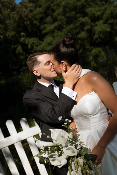 Couple embracing during wedding portraits 