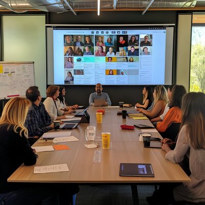 A large team attending a workplace meeting during a presentation, seated around a table with a speaker presenting slides on a screen.