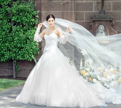 Bride and groom walking up steps