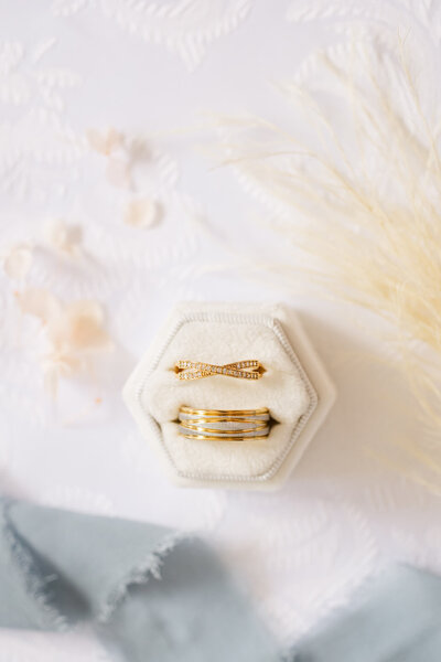 Detail shot of a bride and grooms wedding bands sitting in a cream and velvet ring holder, surrounded by a blue ribbon, pink petals and cream fronds of dried florals.