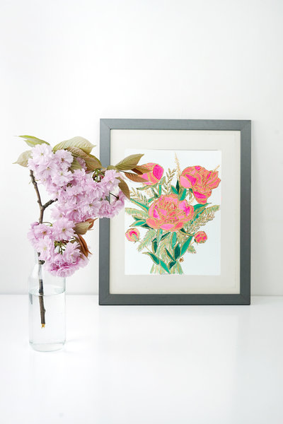 wood burned on paper pink peony in frame