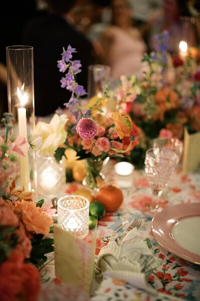 Colorful spring tablescape with fruit designed by Two Be Wed.