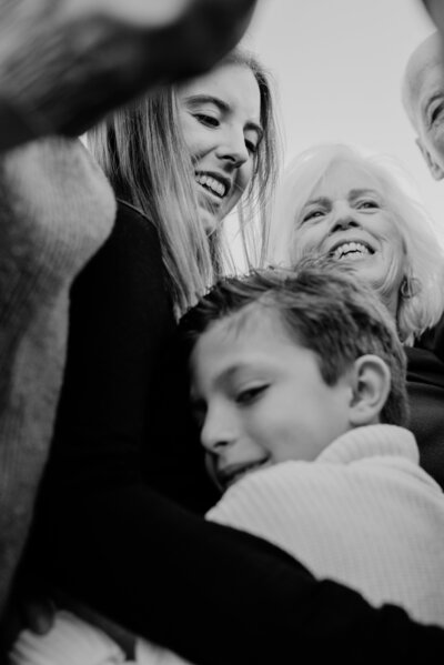 Black and white photo or multi generational family in Annapolis Maryland