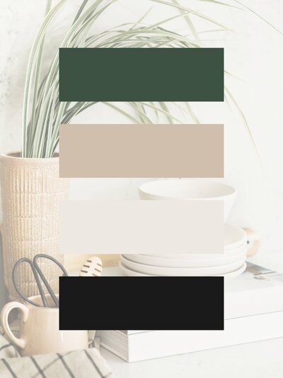 Custom brand color palette for Elise Monrow including forest green, soft taupe, ivory, and charcoal black—designed to evoke grounded energy, simplicity, and clean living.