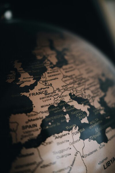 European countries on a vintage gold and black globe 