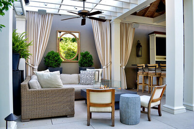 Image of covered patio with rattan seating and outdoor bar