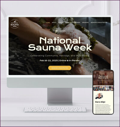 Website mockup displaying National Sauna Week campaign for Finlandia Foundation National, featuring bold typography and branded sauna imagery on desktop and mobile screens