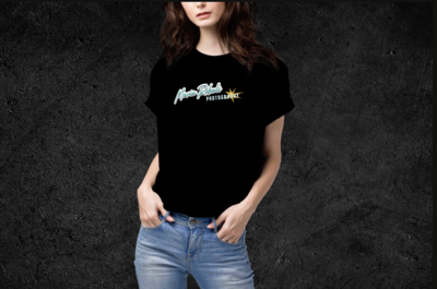 Branded Mockup of photographers logo on a black tshirt, girl modeling it