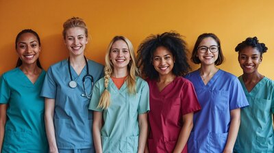 Two nurses in blue scrubs