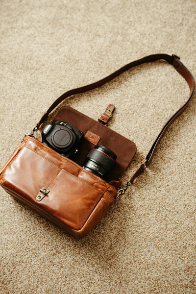 Gear bag with camera and lens inside