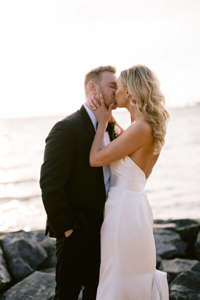 Bride and groom looking