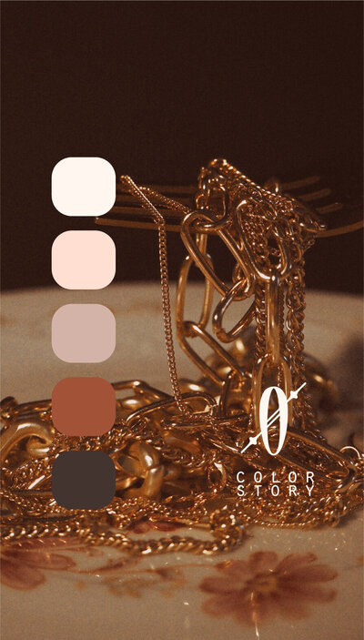 fork with gold jewelry twisted in it like spaghetti and the ophelia color palette