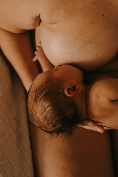 Un petit bébé, nouveau-né qui tète le sein de sa maman, nu l'un contre l'autre