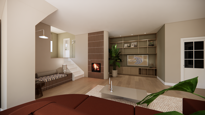 realistisch 3d interieurontwerp VR bril  woonkamer met grote terracotta kleurige bank met ronde vormen