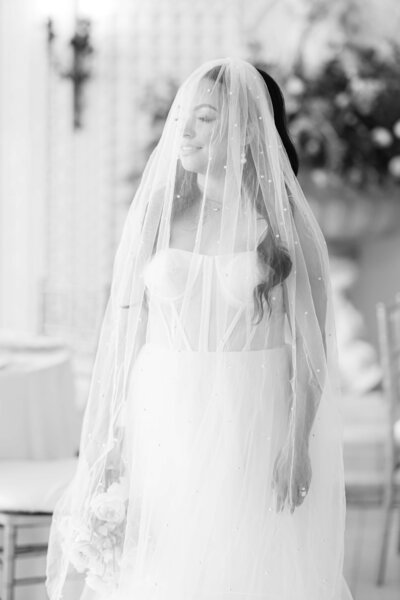 Black and White elegant wedding portrait of bride.