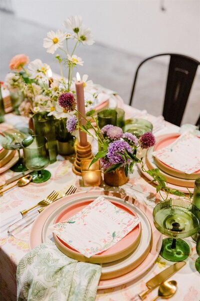 Green and coral designed wedding dinner at Playa Studios in Los Angeles California 