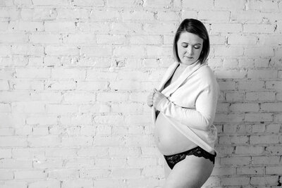 Colorado Springs Boudoir Photographer Maternity boudoir with sweater in  panties