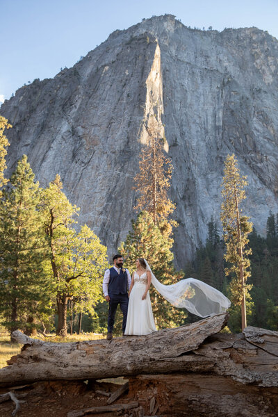 A bride and groom walk hand in hand down a wooden boardwalk in Yosemite with giant mountains in front of them.